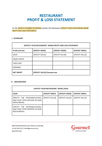 Restaurant Profit And Loss Statement Template Prewrite