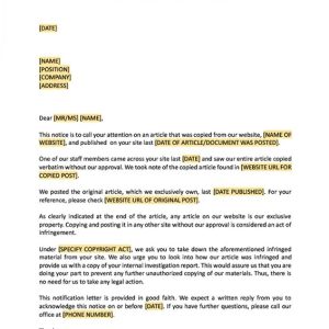 Notice of Infringement of Copyrighted Work Template