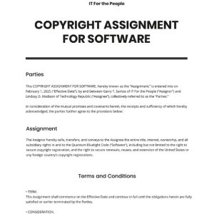 Copyright Assignment For Software Template