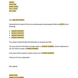 Letter Bankruptcy Inquiry Template