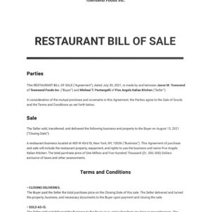 Restaurant Bill of Sale Template