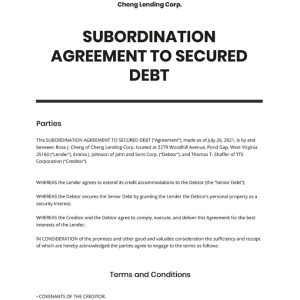 Subordination Agreement to Secured Debt Template