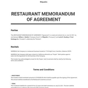 Restaurant Memorandum of Agreement Template