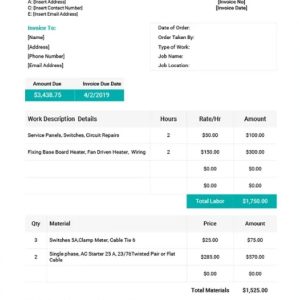 Electrical Work Order Invoice Template