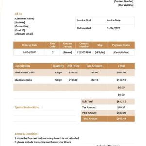 Cake Order Invoice Template