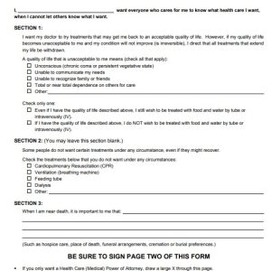 Checklist Health Care Directive or Living Will Template