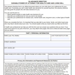Veterans Affairs Advance Directive and Living Will Template