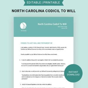 North Carolina Codicil To Will Template