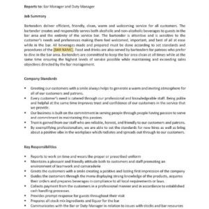 Bartender Job Description Template