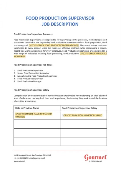 Food Production Supervisor Job Description Template PreWrite