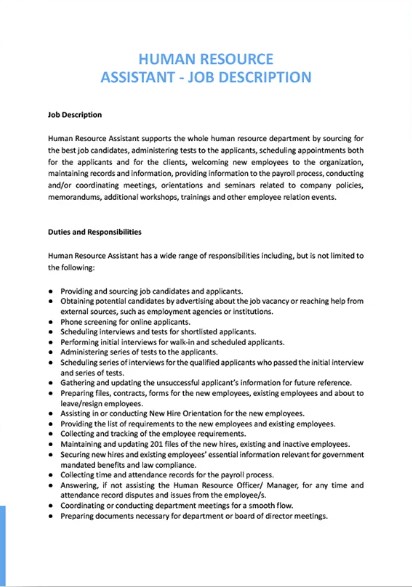 Human Resources Assistant Job Description Template PreWrite