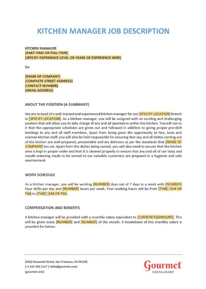 Kitchen Manager Job Description Template PreWrite