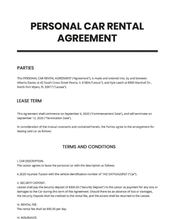 Personal Car Rental Agreement Template – PreWrite