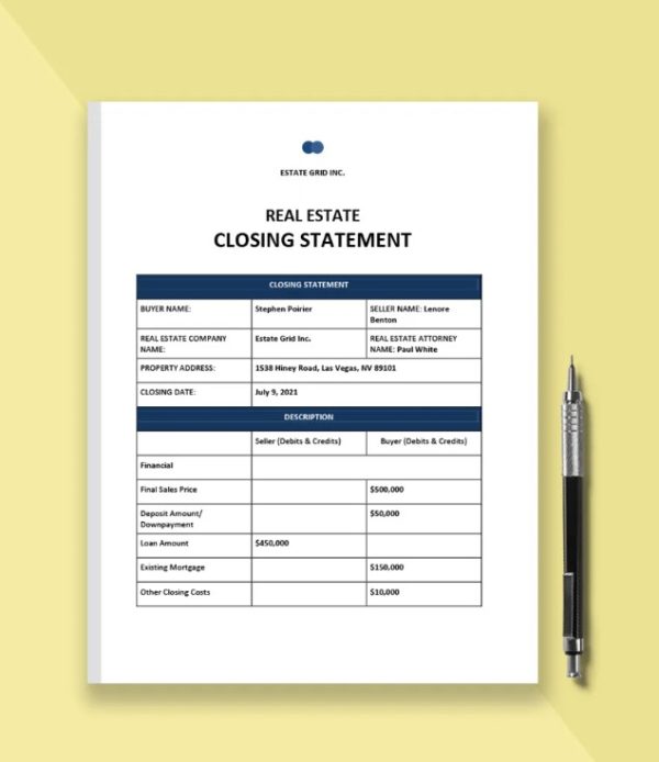 Real Estate Closing Statement Form Template PreWrite